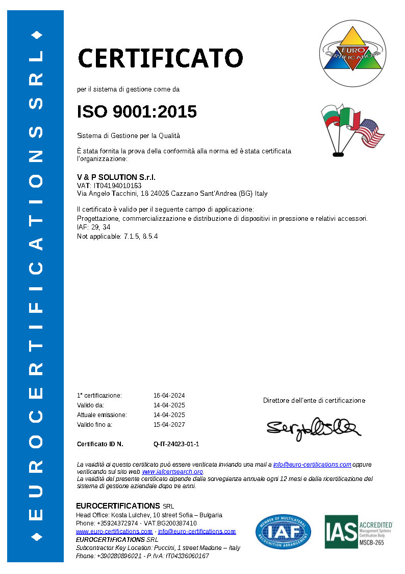 Certificazione ISO 9001:2015 per la qualità V&P Solution S.r.l. nel settore caldareria e impianti a pressione